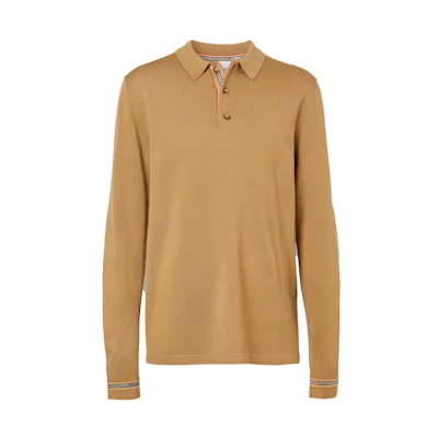 Burberry Camel Long-Sleeve Polo Shirt with Stripe Detail 80330921