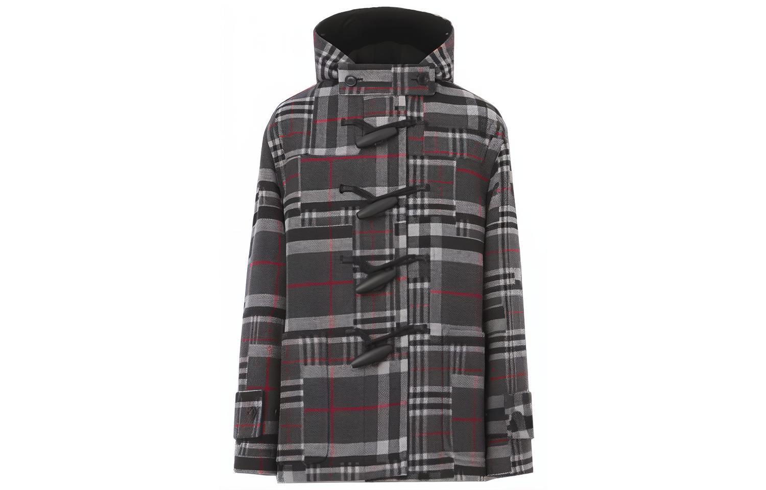 Burberry Charcoal Gray Hooded Duffle Coat Wool Blend Plaid Casual Jacket. 80450071