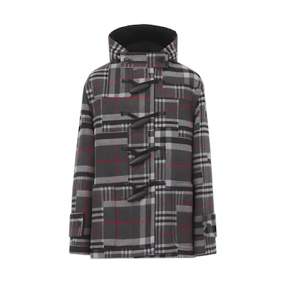 Burberry Charcoal Gray Hooded Duffle Coat Wool Blend Plaid Casual Jacket. 80450071