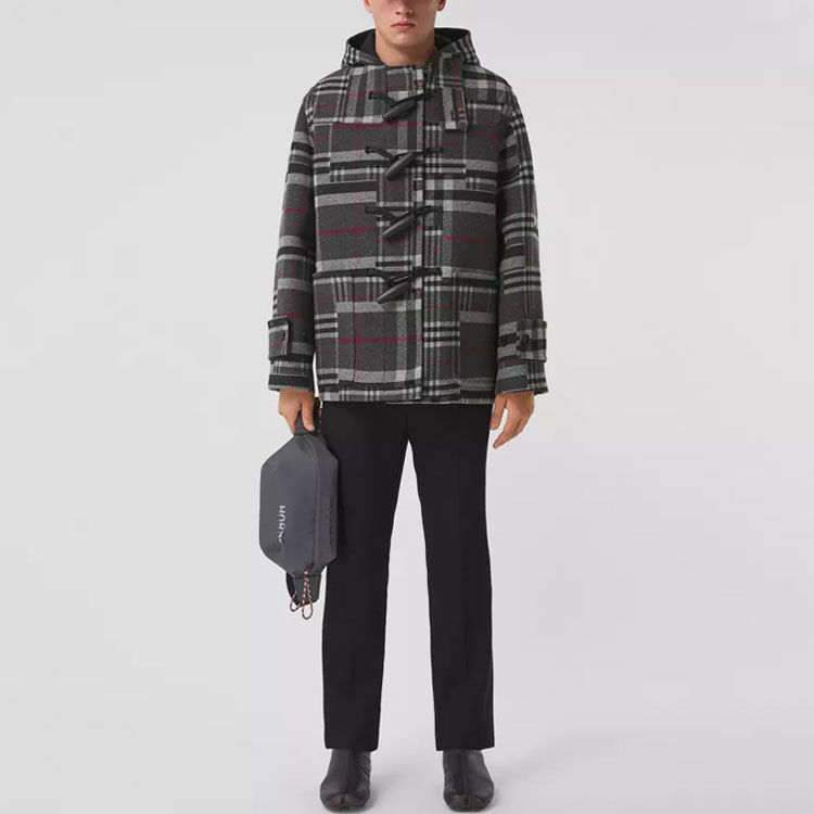 Burberry Charcoal Gray Hooded Duffle Coat Wool Blend Plaid Casual Jacket. 80450071 圖 3