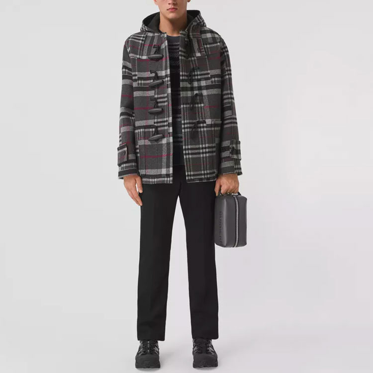 Burberry Charcoal Gray Hooded Duffle Coat Wool Blend Plaid Casual Jacket. 80450071 圖 4