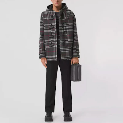 Burberry 深灰色格紋羊毛混紡連帽粗呢外套休閒夾克. 80450071 Shop Burberry 深灰色格紋羊毛混紡連帽粗呢外套休閒夾克. 80450071