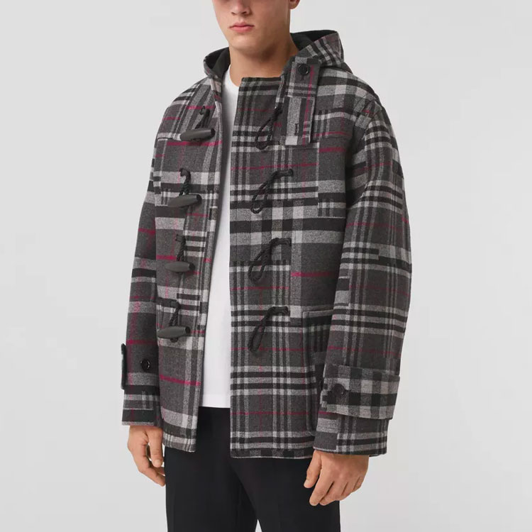 Burberry Charcoal Gray Hooded Duffle Coat Wool Blend Plaid Casual Jacket. 80450071 圖 5