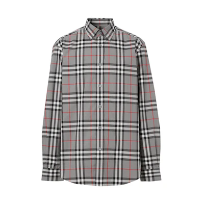 Burberry Check Button-Down Shirt Storm Grey for Men 8028886