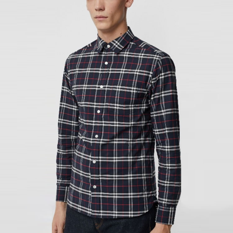 Cheap 버버리 체크 버튼업 긴소매 셔츠 네이비 블루 80048351