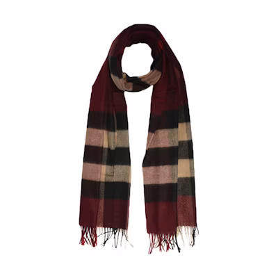 Burberry Check Cashmere Fringe Scarf Unisex Dark Red 3878938