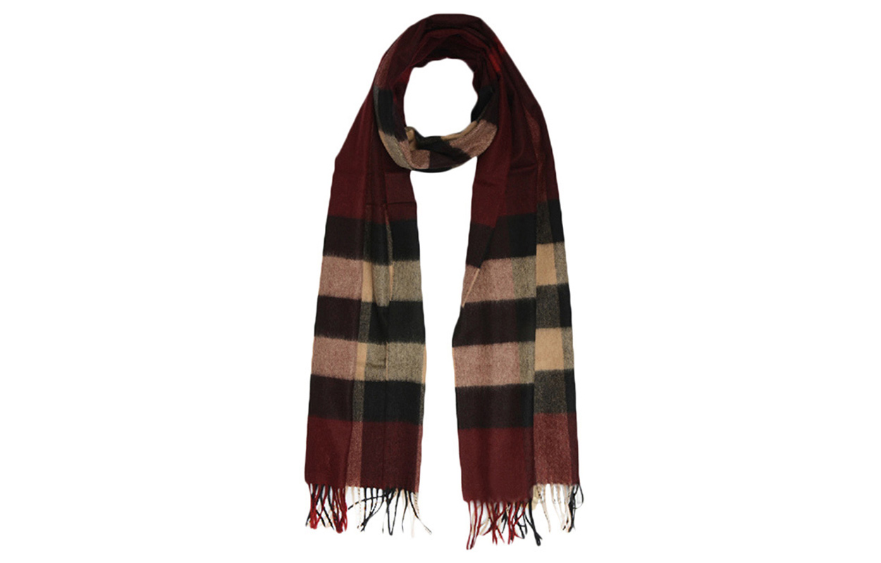 Burberry Check Cashmere Fringe Scarf Unisex Dark Red 3878938 圖 2