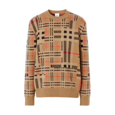 Burberry Check Cashmere Jacquard Knit Sweater in Khaki. 80455231