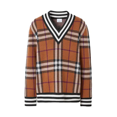 Burberry Check Cashmere Jacquard V-Neck Sweater Birch Brown. 80481351