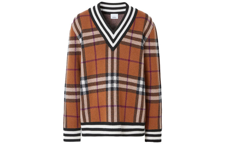 Order 博柏利格纹羊绒提花V领毛衣浅棕色 80481351