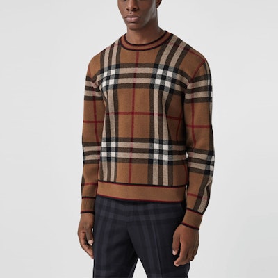 博柏利格纹羊绒提花V领毛衣浅棕色 80481351 Shop 博柏利格纹羊绒提花V领毛衣浅棕色 80481351