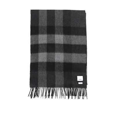 Burberry Check Cashmere Scarf with Fringes Charcoal Unisex 80155511