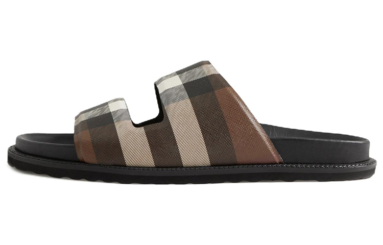 Burberry Check Cotton Canvas Slides Dark Birch Brown 80648091