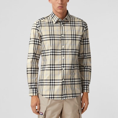 Burberry 格紋純棉府綢長袖襯衫 浅杏色 80386621 Shop Burberry 格紋純棉府綢長袖襯衫 浅杏色 80386621