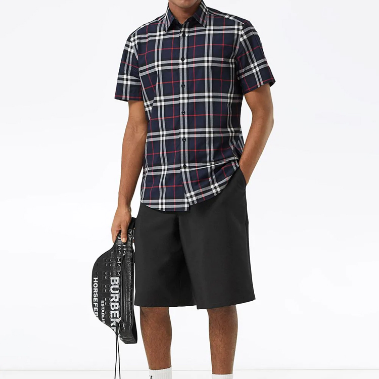 Burberry Check Cotton Short Sleeve Shirt in Deep Blue 80208721 圖 6