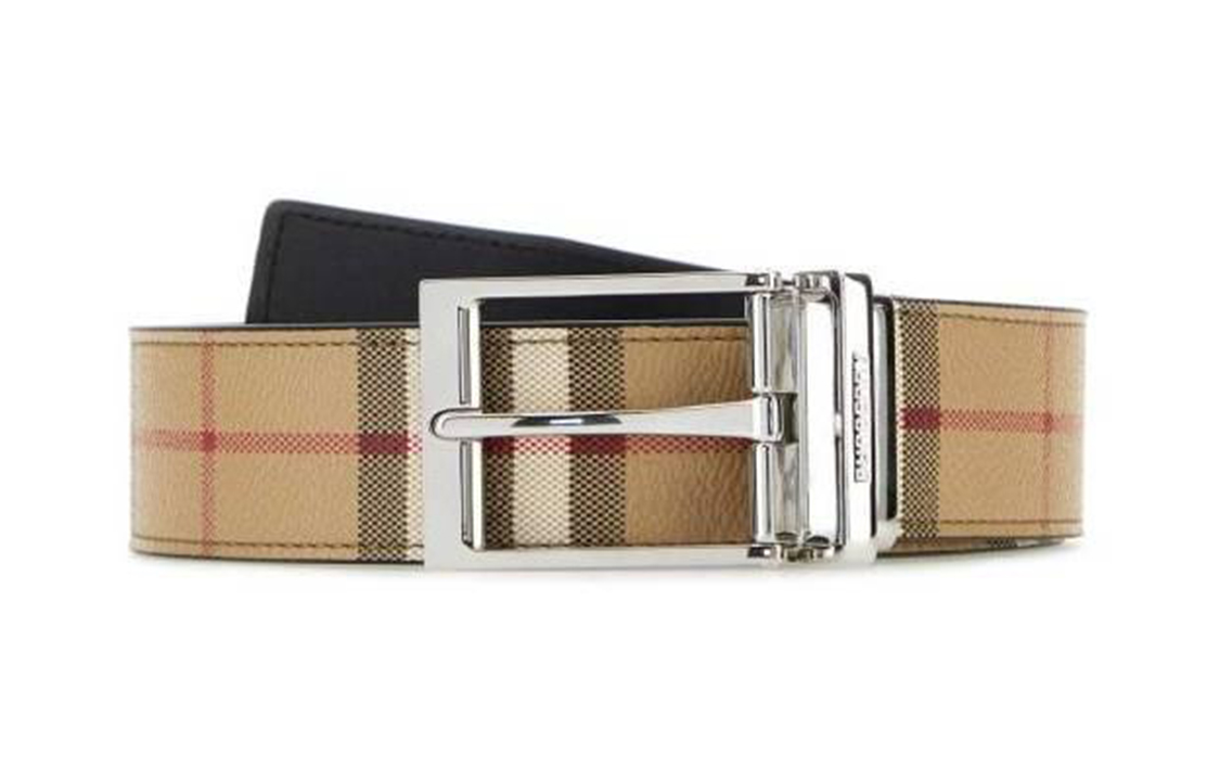 Burberry Check Detail Beige Calf Leather Buckle Belt for Men 8069854A7026