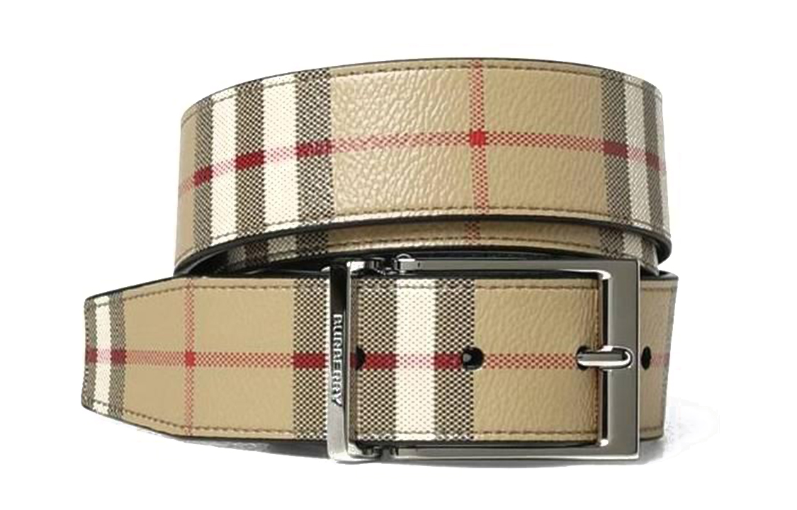 Lookbook Burberry Check Detail Beige Calf Leather Buckle Belt for Men 8069854A7026