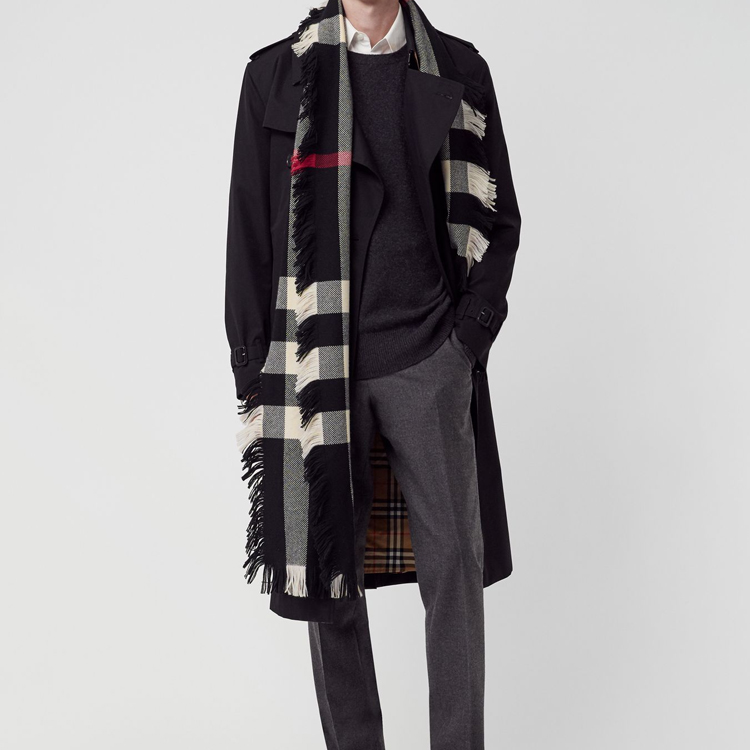 Burberry Check Frayed Wool Scarf Unisex Black/White 40583951 圖 6