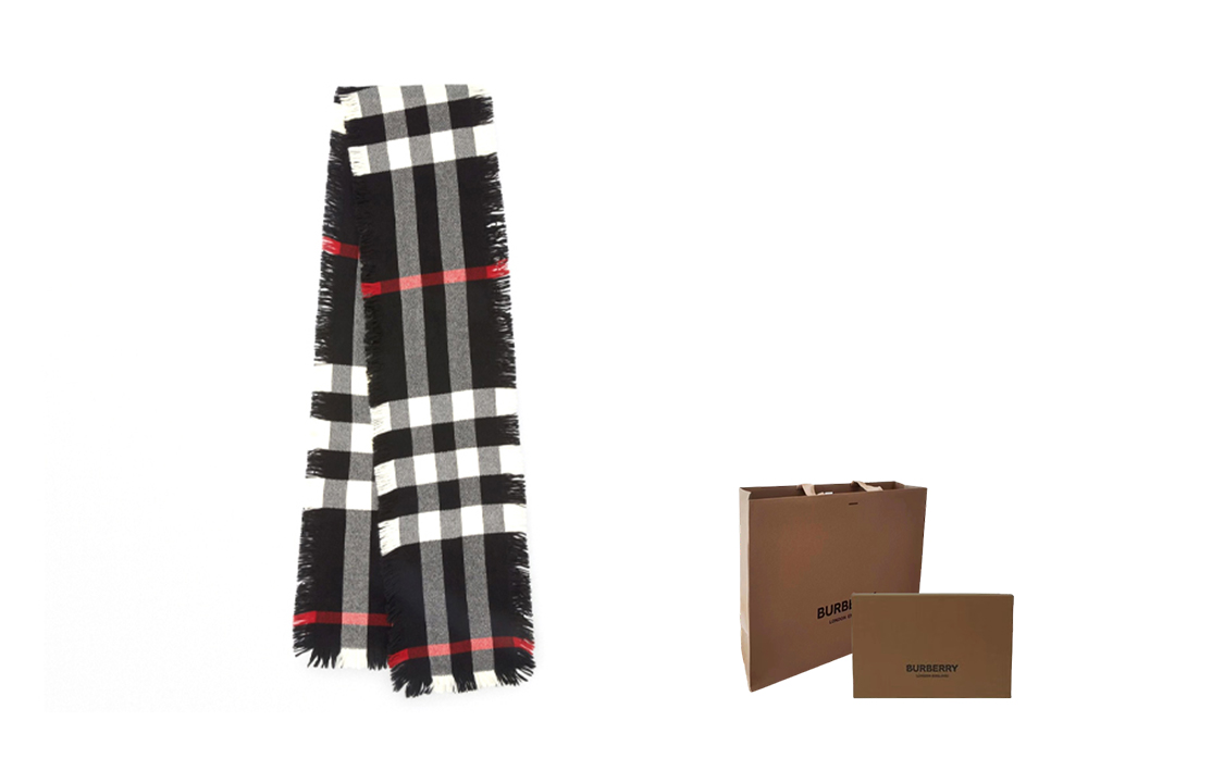 Burberry Check Frayed Wool Scarf Unisex Black/White 40583951 圖 9