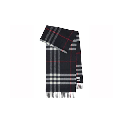 Burberry Check Fringed Cashmere Scarf Navy