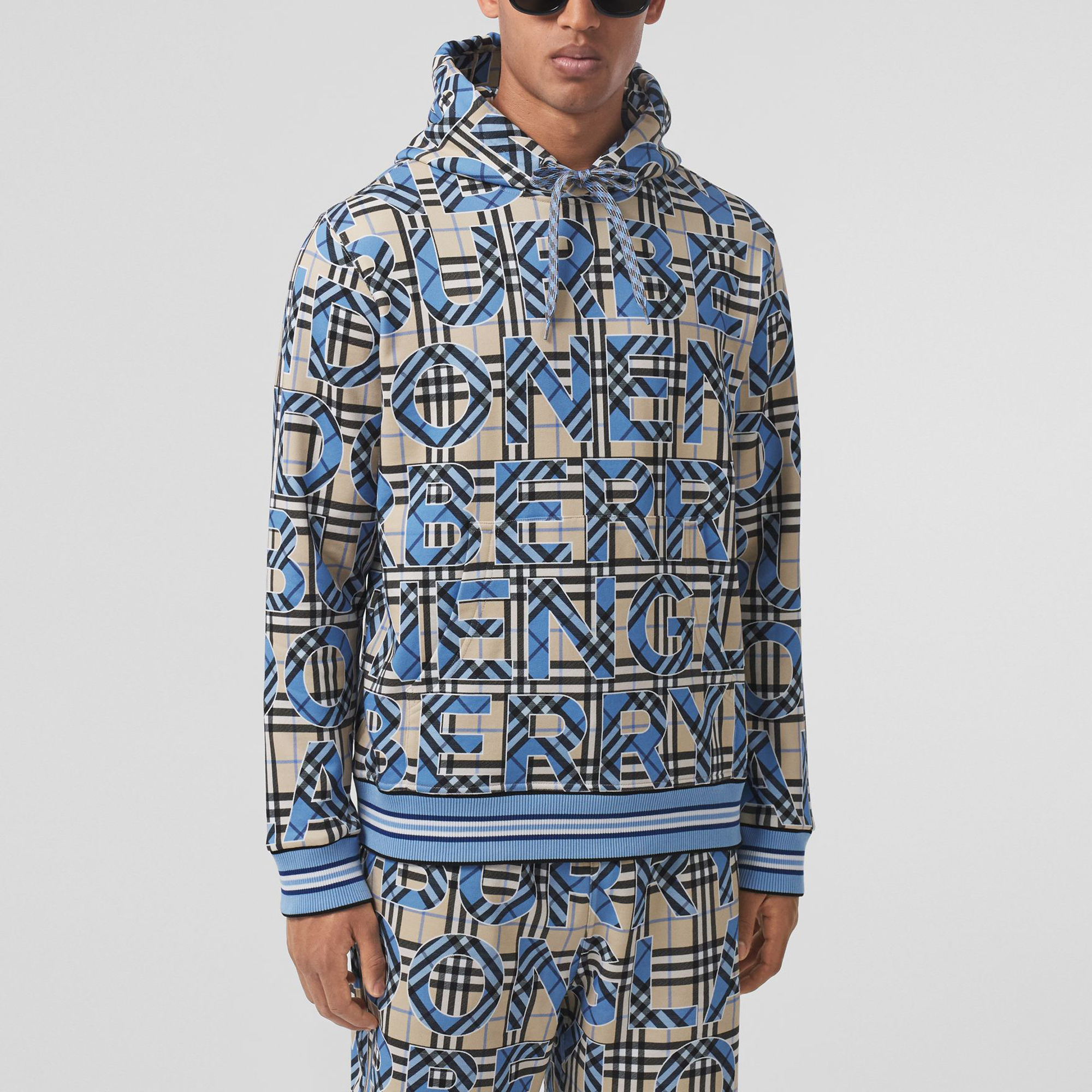 Shop Burberry Check Logo Print Hoodie Bright Cobalt Blue 80391651