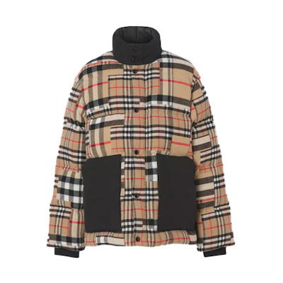 Burberry Check Panel Fitted Down Jacket in Beige with White Duck Down 80474981