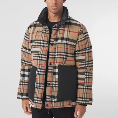 博柏利格纹拼接修身羽绒服 米色白鸭绒 80474981 Purchase 博柏利格纹拼接修身羽绒服 米色白鸭绒 80474981