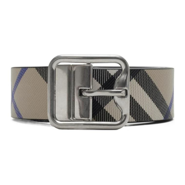 Burberry Check Pattern Calfskin Belt Men Moss Green/Slate Gray/Silver 3.5CM Wide 80920451