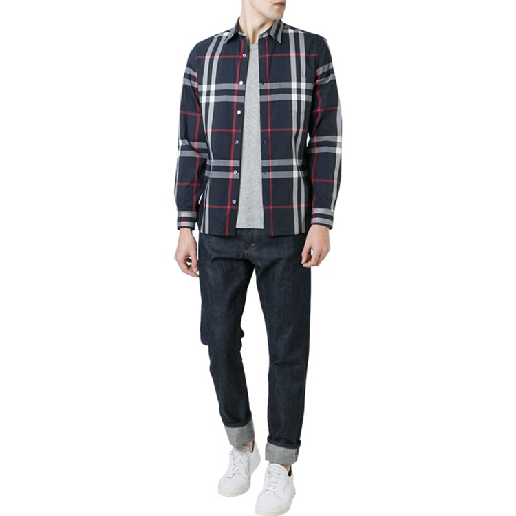 Burberry Check Pattern Casual Long-Sleeve Shirt Navy Blue 40067311 圖 4