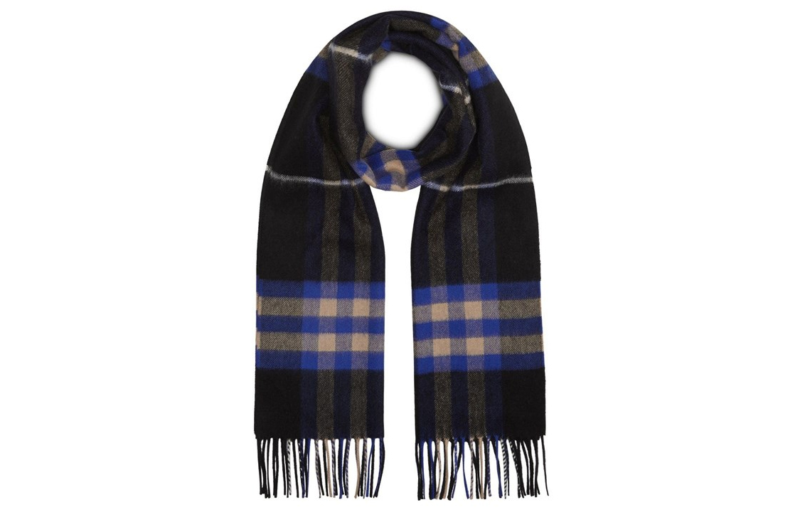Burberry Check Pattern Warm Fringe Wool Scarf Unisex - Black/Blue. 8004700