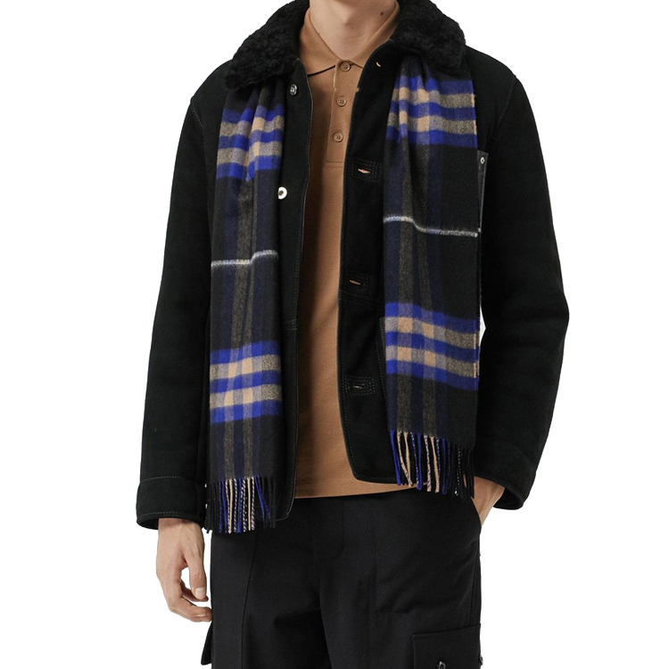 Burberry Check Pattern Warm Fringe Wool Scarf Unisex - Black/Blue. 8004700 圖 3