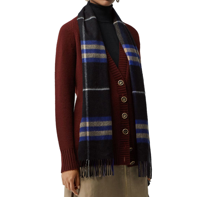 Burberry Check Pattern Warm Fringe Wool Scarf Unisex - Black/Blue. 8004700 圖 4