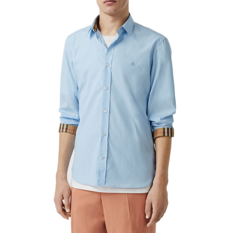 Shop Burberry 格紋尖領長袖襯衫 男款 淺藍色 80087041