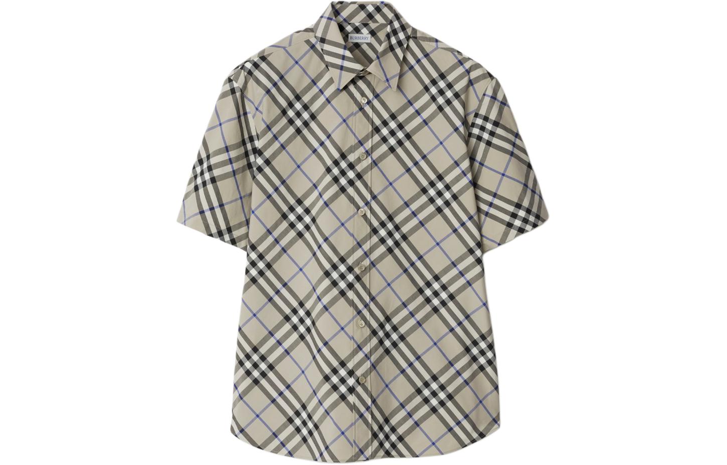 Order 巴宝莉格纹印花男士短袖衬衫苔绿色 80876391