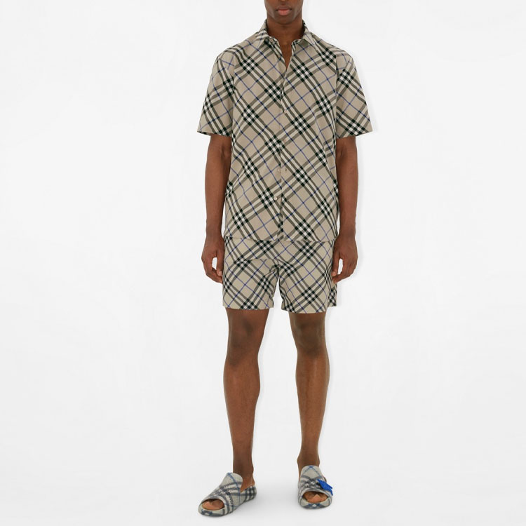 Shop 巴宝莉格纹印花男士短袖衬衫苔绿色 80876391