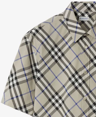 巴宝莉格纹印花男士短袖衬衫苔绿色 80876391 Cheap 巴宝莉格纹印花男士短袖衬衫苔绿色 80876391