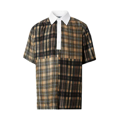 Burberry Check Print Pleated Short Sleeve Polo Shirt Unisex Patchwork 80420791