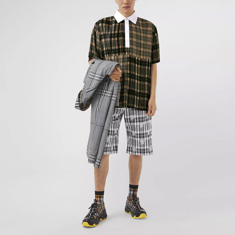 Burberry Check Print Pleated Short Sleeve Polo Shirt Unisex Patchwork 80420791 圖 4