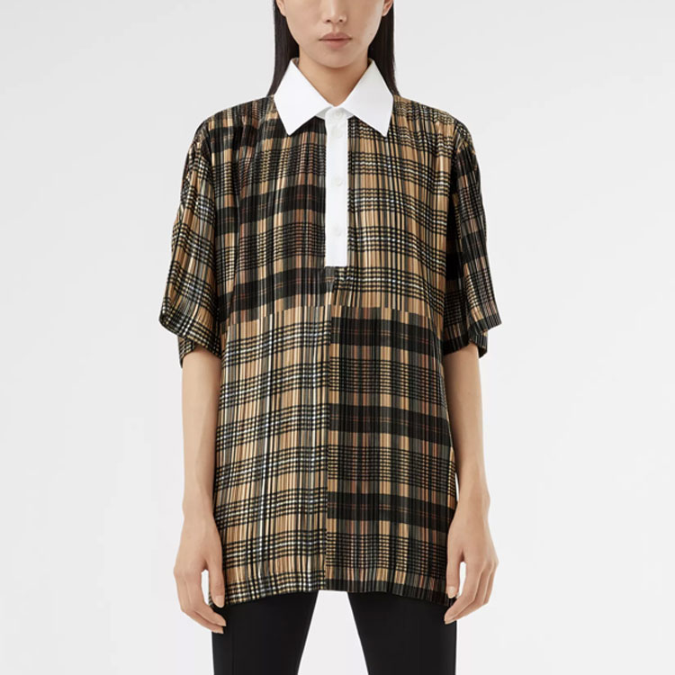 Burberry Check Print Pleated Short Sleeve Polo Shirt Unisex Patchwork 80420791 圖 5