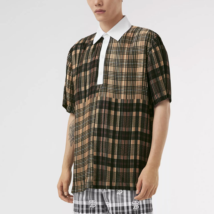 Burberry Check Print Pleated Short Sleeve Polo Shirt Unisex Patchwork 80420791 圖 7