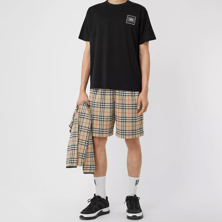 Shop Burberry Check Printed Mid-Rise Elastic Shorts Archive Beige 8026469