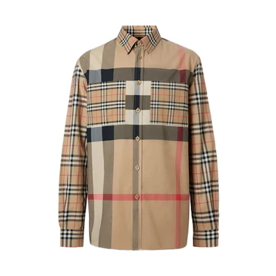 Burberry Check Single-Breasted Long Sleeve Shirt in Vintage Beige 80322681