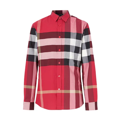 Burberry Check Stretch Cotton Poplin Shirt Bright Red 80048301