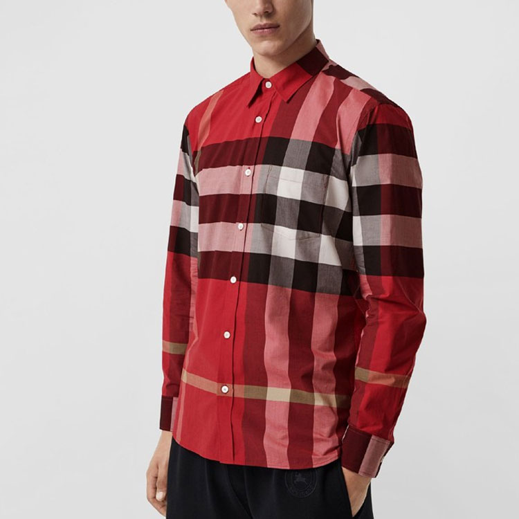 Shop Burberry Check Stretch Cotton Poplin Shirt Bright Red 80048301