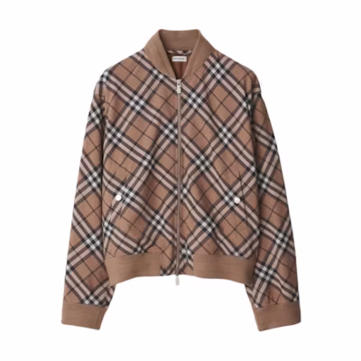 Burberry Check Wool Blend Harrington Jacket Brown Zip-Up Coat. 80929631