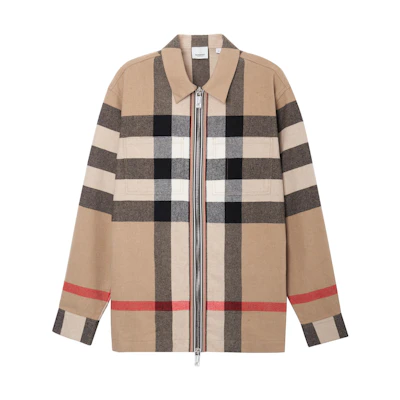Burberry Check Wool Jacket with Double Zipper in Khaki. 80501351