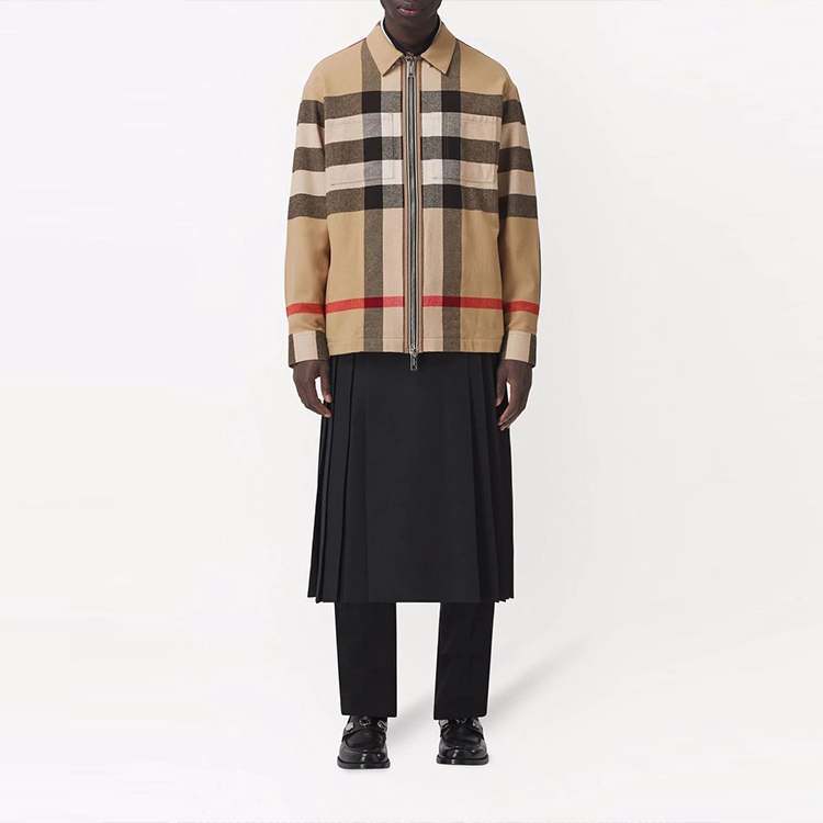 Shop Jaket Wol Burberry Check dengan Resleting Ganda Warna Khaki. 80501351