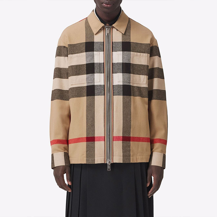 Sizing Jaket Wol Burberry Check dengan Resleting Ganda Warna Khaki. 80501351