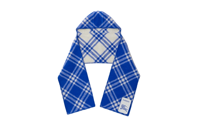 Burberry Check Wool Knit Scarf with Hoodie Unisex Couple Style in Knight Blue. 80756281