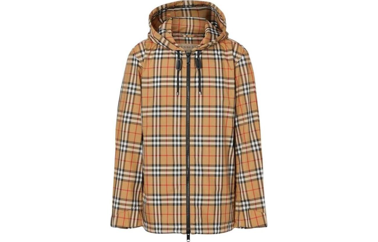 Burberry Check Zip-Up Hooded Casual Jacket in Khaki Color 80085151